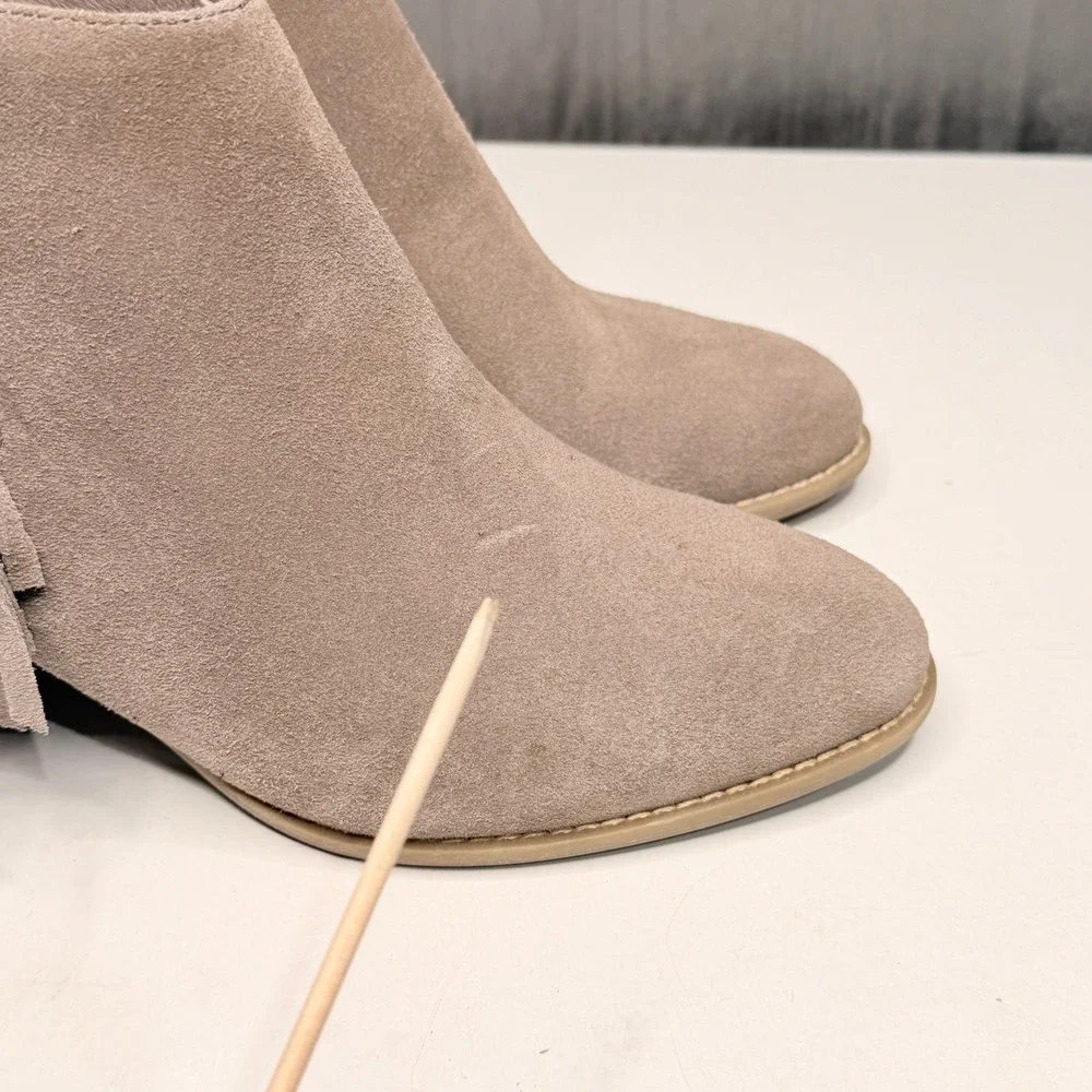 Vionic Faros Ankle Boots Womens Sz 10 Taupe Suede Fringe Studded Western Boho